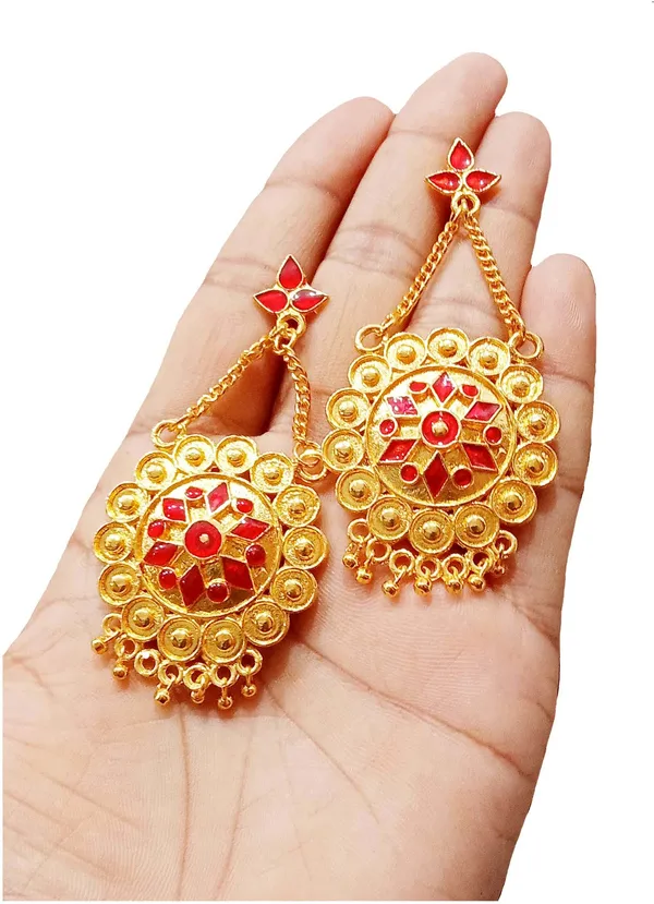 Assamese_Traditional_Copper_Gold_Plated_Red_Colour_Jhumki_Earring_For_Girls_&_Women
